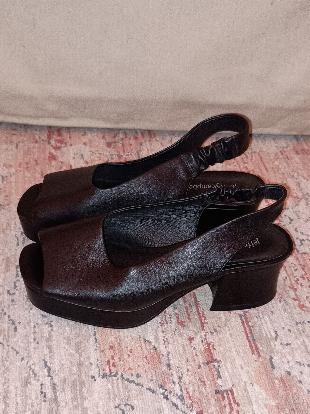 Jeffrey Campbell Black Leather Open-Toe Slingback Platform Heels